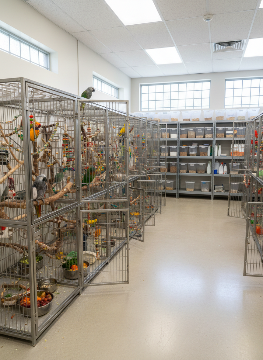 A wide, photographic view of a professional parrot rescue facility interior, showcasing multiple spacious, well-organized enclosures in a bright, clean room. Sturdy cages with open doors reveal parrots of various species perched on natural branches, playing with toys and enjoying fresh food dishes. The floor is spotless, and neatly labeled storage shelves in the background hold feed containers and cleaning supplies, subtly suggesting organization without any readable text. Soft, even overhead lighting combines with natural daylight from large windows, producing minimal shadows and a transparent, trustworthy atmosphere. Shot from a slightly elevated angle with sharp focus throughout, the composition highlights the rescue’s professionalism and high welfare standards.