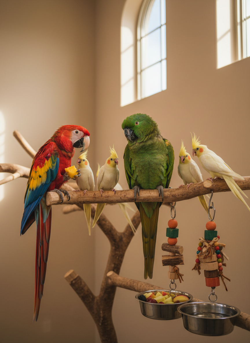 A vibrant group of rescued parrots perched on natural wooden branches inside a bright, spotless indoor aviary, photographed in realistic detail. A vivid green Amazon, a scarlet macaw, and several cockatiels preen and interact, their feathers crisp and richly colored. The enclosure features clean stainless-steel bowls, fresh fruit, and hanging chew toys, with soft, neutral walls behind them. Gentle afternoon light filters through high windows, creating soft highlights on feathers and subtle shadows on perches. Shot at eye level with a shallow depth of field, the parrots are in sharp focus while the background softly blurs, conveying a calm, caring, and professional rescue environment suitable for a homepage hero image.