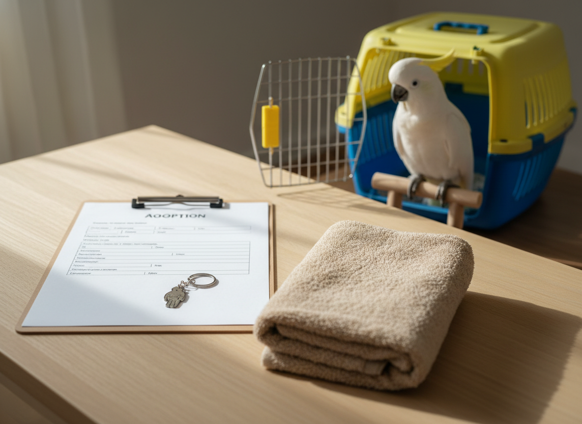 A clean, photographic depiction of the adoption process at a parrot rescue, represented entirely through objects instead of people. On a light wood table, a pristine clipboard with blank forms, a keychain with a small metal parrot charm, and a gently folded towel for safe handling are carefully arranged. In the background, a colourful parrot transport carrier sits open beside a calm, curious cockatoo perched on a stand, slightly out of focus. Soft natural daylight from the side creates gentle highlights and defined but not harsh shadows. Shot from a slightly elevated angle using the rule of thirds, the mood is organized, reassuring, and professional, communicating structure and care in the rehoming process.