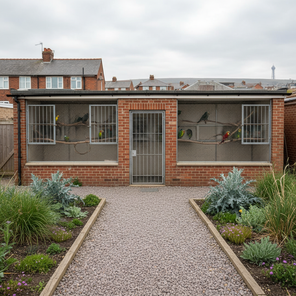 An exterior photographic view suggesting the location of a parrot rescue near Blackpool FY1 2RR, shown through environment rather than signage or text. A modest brick building with large, secure windows is framed by a tidy gravel path and a small planted area with hardy coastal shrubs. In the foreground, a large aviary-style window reveals silhouettes of parrots on perches inside. Soft, bright daylight from an overcast seaside sky gives even lighting and muted, natural colors. Hints of nearby terraced houses and a distant, softly blurred suggestion of the Blackpool coastline create subtle context. Captured at eye level with balanced composition, the mood is welcoming, safe, and professional.
