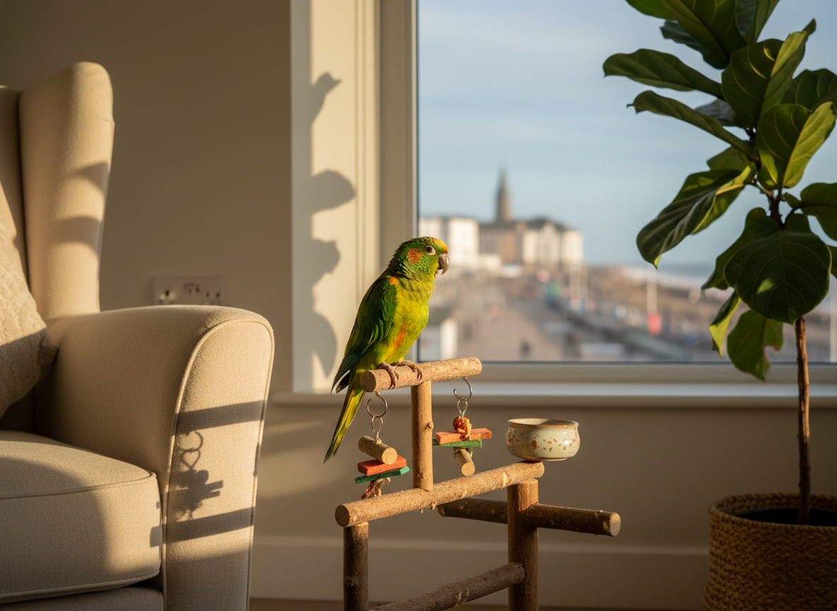 A heartwarming, photographic realism scene of an adopted parrot comfortably settled in a cozy living room corner of its new home. A vivid green conure stands on a sturdy parrot stand with multiple perches and toys, near a large window overlooking a softly blurred view of Blackpool’s seafront hints, like distant buildings and a faint glimpse of the promenade, without recognizable landmarks. Warm late-afternoon sunlight pours in, casting golden highlights on the bird’s feathers and gentle shadows on a neutral wall. A plush armchair and leafy indoor plant frame the scene. Captured at a slight angle with moderate depth of field, the image feels welcoming, secure, and joyful, subtly illustrating successful rehoming outcomes.