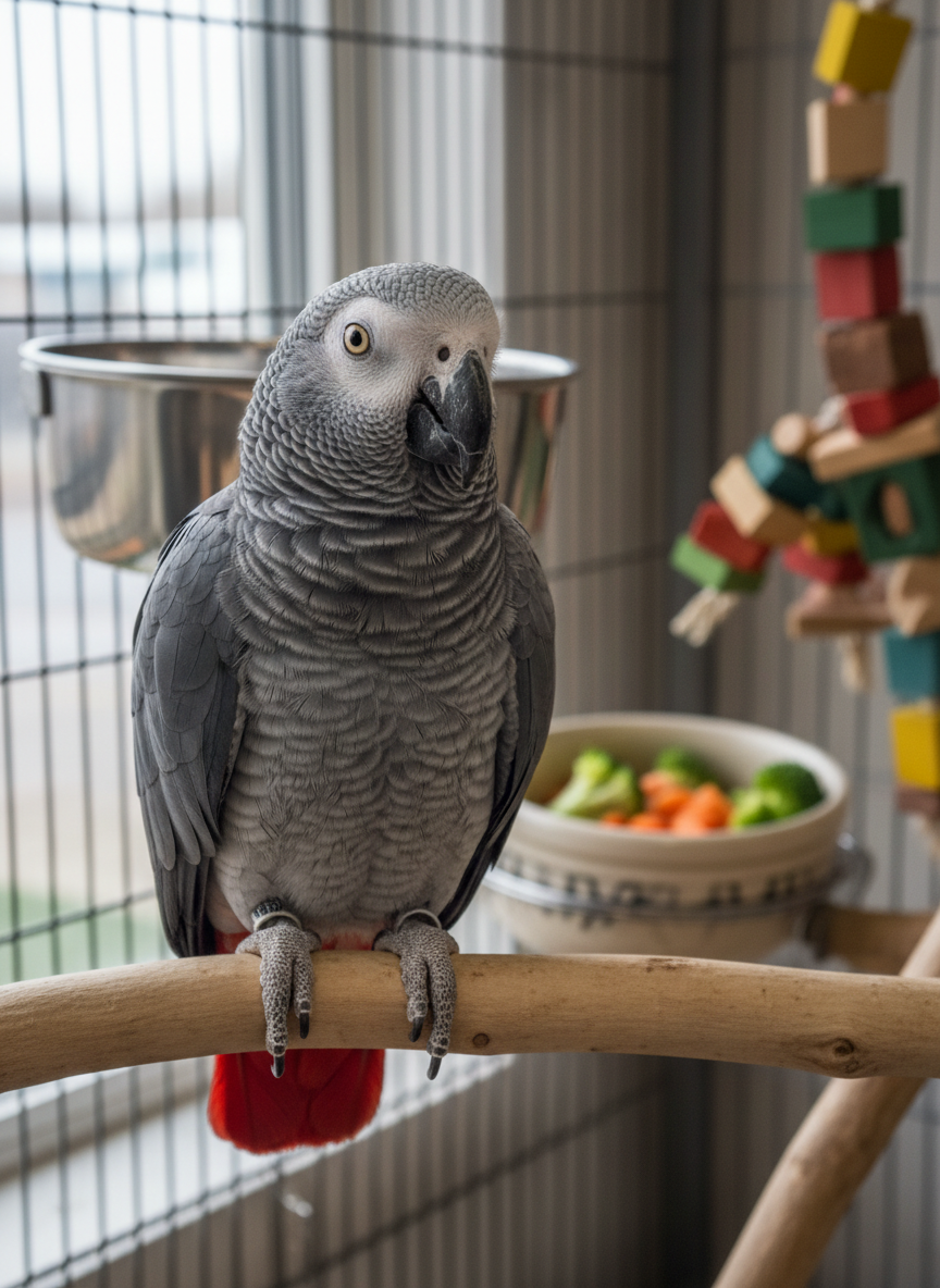 A close-up, photographic realism scene of a single rescued African grey parrot perched on a smooth natural branch inside a tidy care enclosure. The bird’s intricate grey feathers and bright red tail are sharply detailed, and a subtle leg band hints at responsible tracking. Behind, a neatly arranged space includes a stainless-steel water dish, fresh vegetables in a clean bowl, and colorful enrichment toys slightly out of focus. Soft, diffused overcast light from a nearby window illuminates the parrot’s intelligent eyes, creating delicate catchlights. The mood is calm, safe, and reassuring. Captured with an eye-level composition and shallow depth of field, the image emphasizes individual care and attention each bird receives at the rescue.