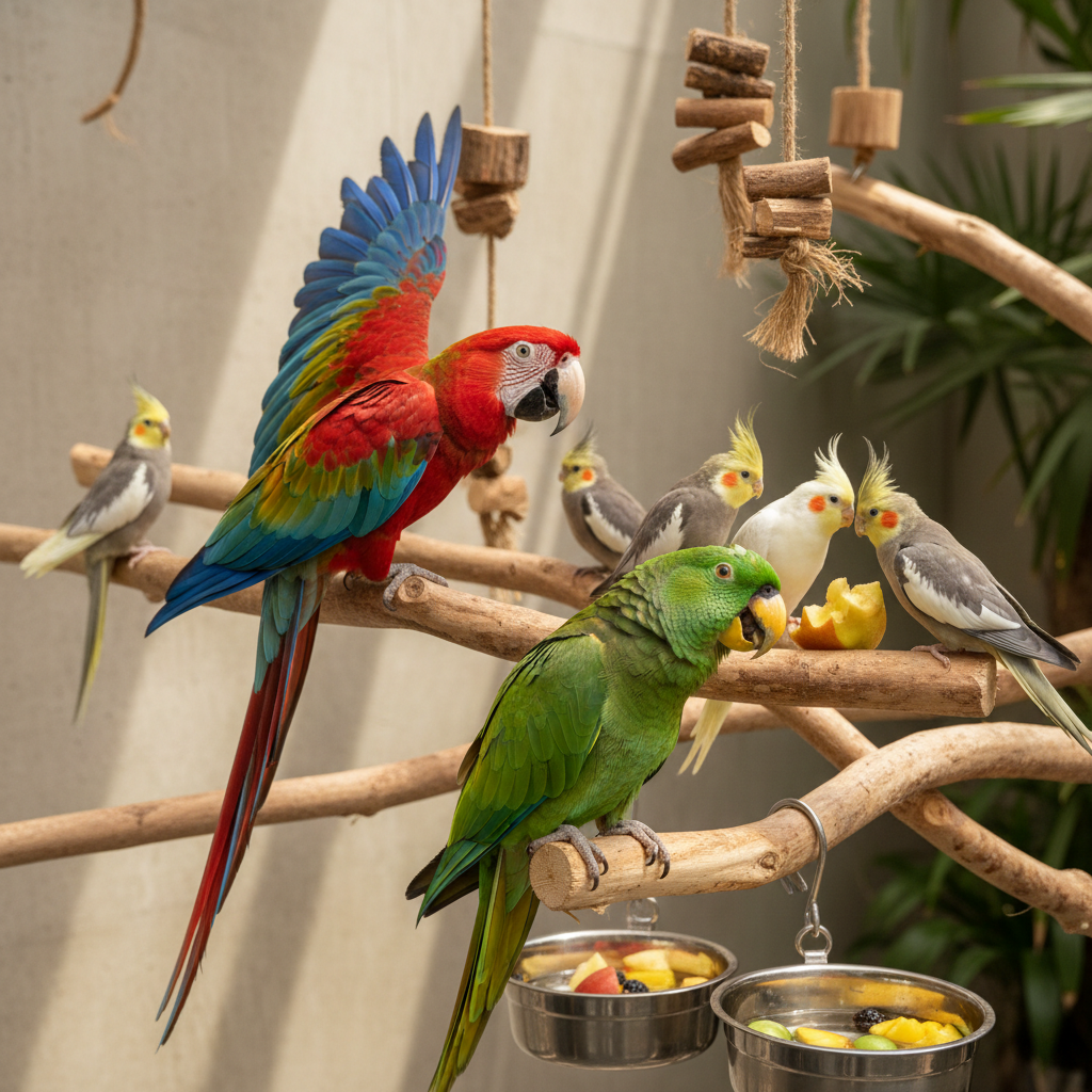 A vibrant group of rescued parrots perched on natural wooden branches inside a bright, spotless indoor aviary, photographed in realistic detail. A vivid green Amazon, a scarlet macaw, and several cockatiels preen and interact, their feathers crisp and richly colored. The enclosure features clean stainless-steel bowls, fresh fruit, and hanging chew toys, with soft, neutral walls behind them. Gentle afternoon light filters through high windows, creating soft highlights on feathers and subtle shadows on perches. Shot at eye level with a shallow depth of field, the parrots are in sharp focus while the background softly blurs, conveying a calm, caring, and professional rescue environment suitable for a homepage hero image.