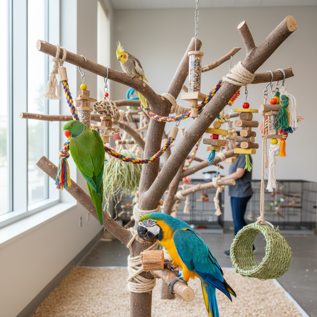 A detailed, photographic realism shot of an enrichment area inside a parrot rescue, focusing on the birds’ mental and physical well-being. A central climbing tree made from natural branches rises from a secure base, covered in colorful rope perches, foraging toys, and hanging swings. Several different parrots—an eclectus, a cockatiel, and a macaw—are scattered around, exploring and playing. The surrounding room is bright, with pale walls and large windows that let in soft, diffused daylight, creating bright highlights and gentle shadows. The camera is positioned at parrot eye level with a moderate depth of field, keeping the climbing structure sharp while the rest of the facility subtly recedes, conveying a stimulating yet controlled and caring environment.